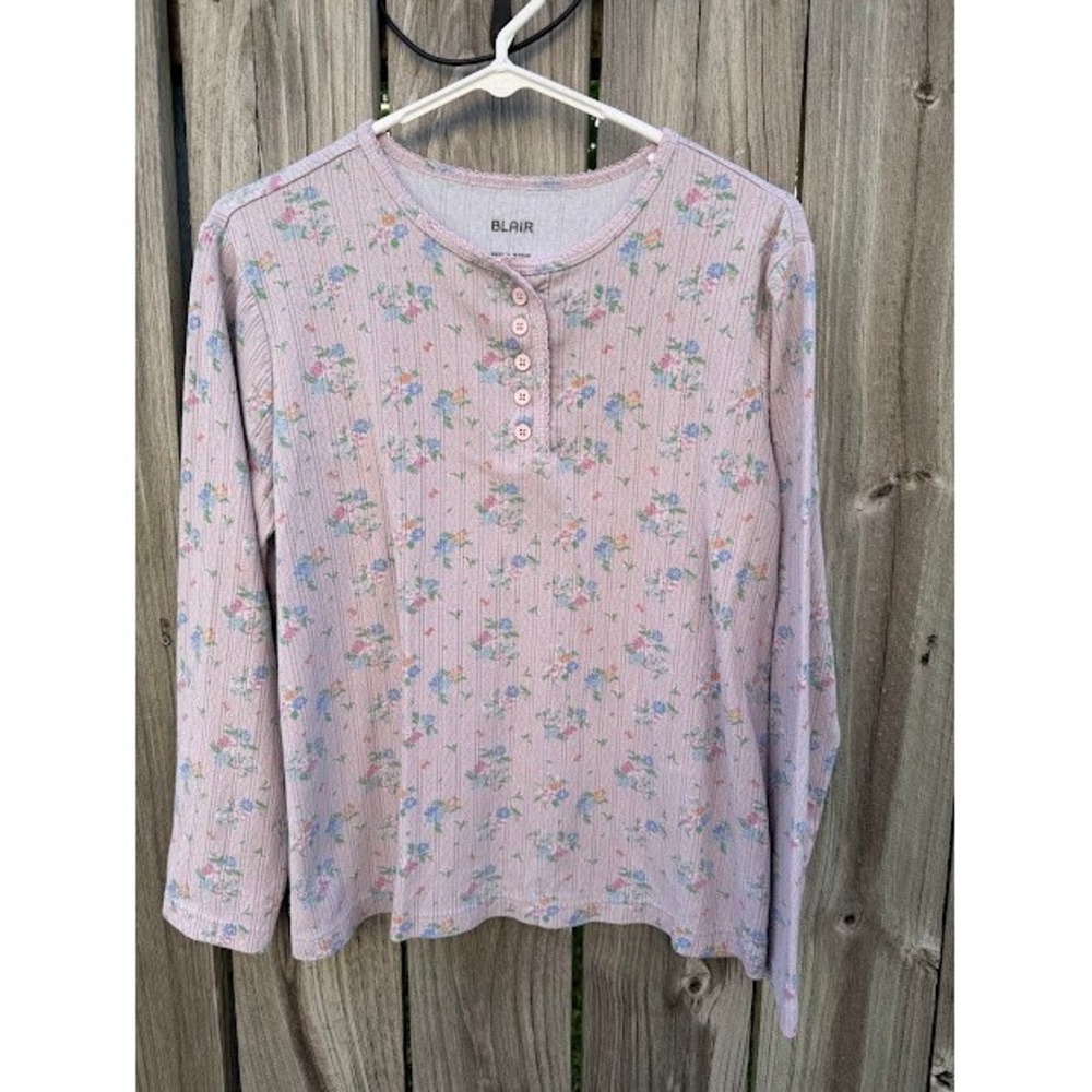 Cottagecore Blair Henley Top Womens Medium Purple Floral Pointelle Long Sleeve